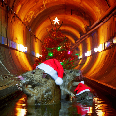 KI-generiertes Bild wo Ratten im Kanal Weihnachten feiern